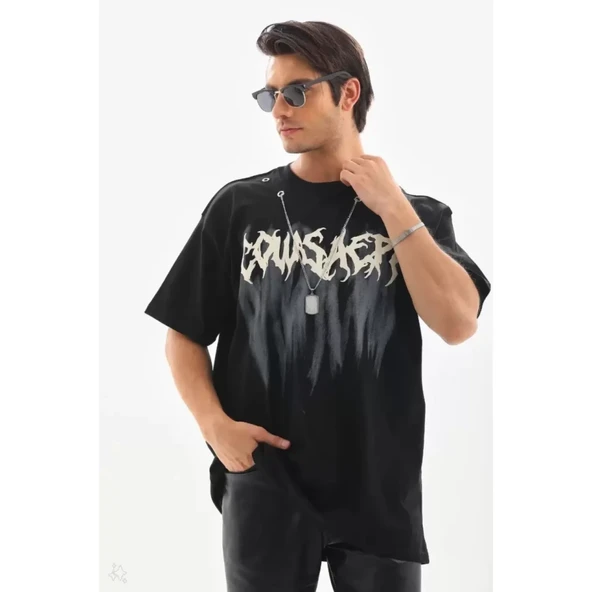 Unisex Oversize Kolye Dahil T-Shirt - Siyah - 4