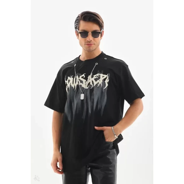 Unisex Oversize Kolye Dahil T-Shirt - Siyah - 2