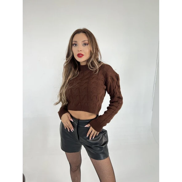 Lucky Life Kadın 24 TRİKO SAÇ ÖRGÜ KAZAK-KAHVE - Resim 2