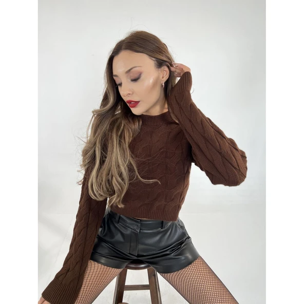 Lucky Life Kadın 24 TRİKO SAÇ ÖRGÜ KAZAK-KAHVE - Resim 4