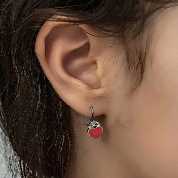 Gümüş Kırmızı Kalp Sallantılı Çocuk Küpe - Resim 5