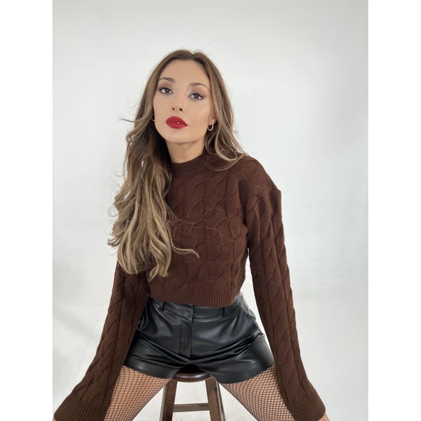 Lucky Life Kadın 24 TRİKO SAÇ ÖRGÜ KAZAK-KAHVE - Resim 3