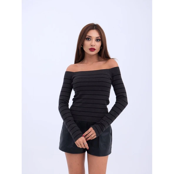 Lucky Life Kadın 06 TRİKO ÇİZGİLİ KAYIK YAKA CROP-ANTRASİT-SİYAH - 3