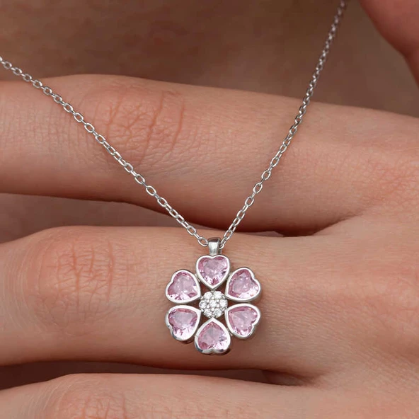 Lucky Life Kadın Gümüş Pembe Kalpli Çiçek Kadın Kolye - 2