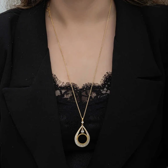 Gümüş Gold Kaplama Damla Çeyrek Takılabilen Kadın Kolye - 3