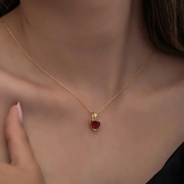Gümüş Gold Kırmızı Taşlı Kalpli Kadın Kolye - 6