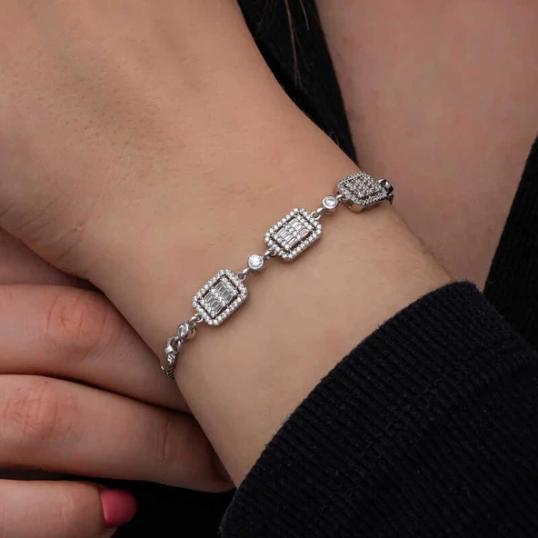 ​Gümüş Baget Taşlı Kadın Bileklik - Resim 2