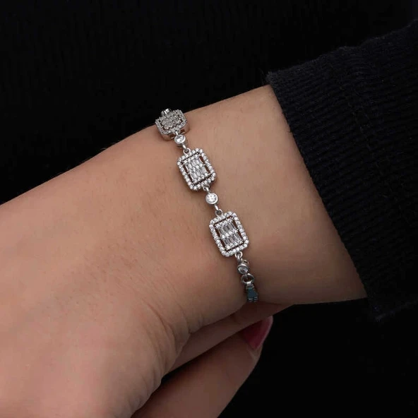 ​Gümüş Baget Taşlı Kadın Bileklik - Resim 3