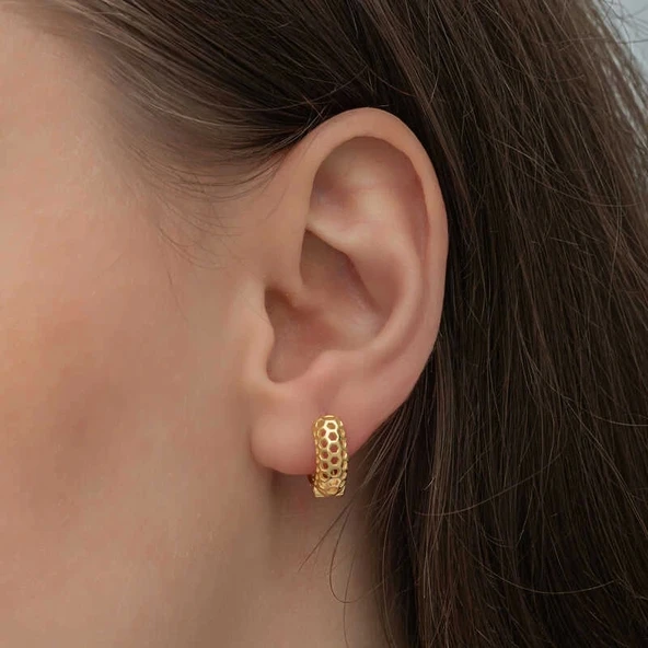 Gümüş Gold Petek Desenli Halka Kadın Küpe - 3