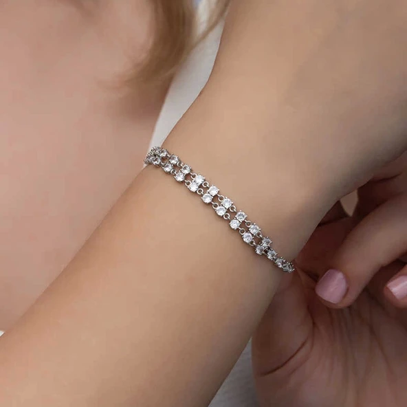 Gümüş Zirkon Taşlı Çift Sıra Kadın Bileklik - Resim 6