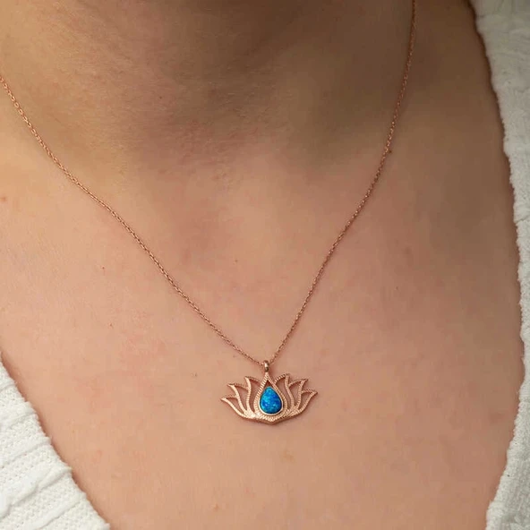Gümüş Opal Taşlı Rose Lotus Çiçeği Kolye - Resim 5