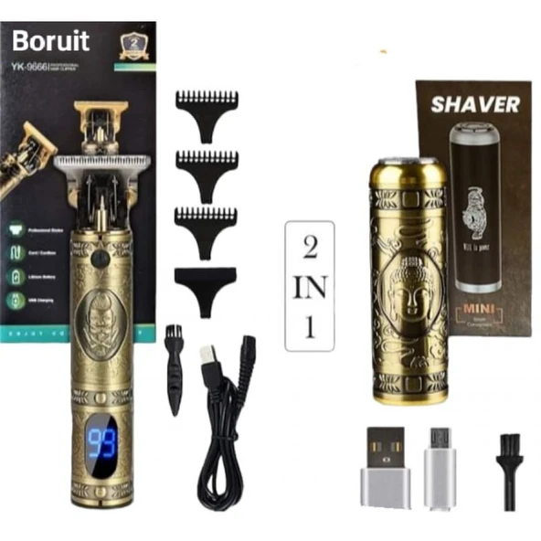 Boruit Pro 2 İN 1 Vintage Traş Makinesi Şarjlı Dijital Göstergeli Aliminyum Gövde TdrTR