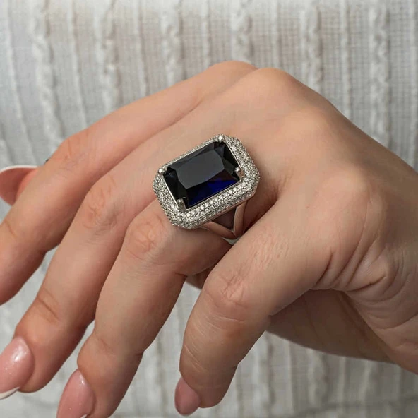 Gümüş Lacivert Zirkon Taşlı Kadın Yüzük - Resim 5