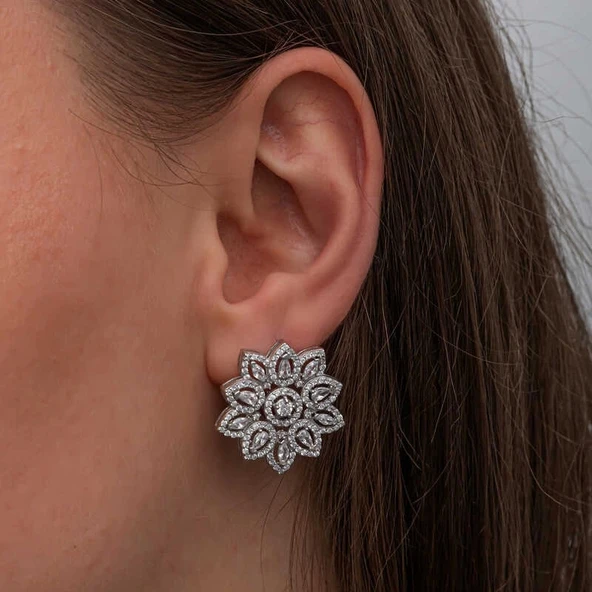 Gümüş Zirkon Taşlı Çiçek Kadın Küpe - 2