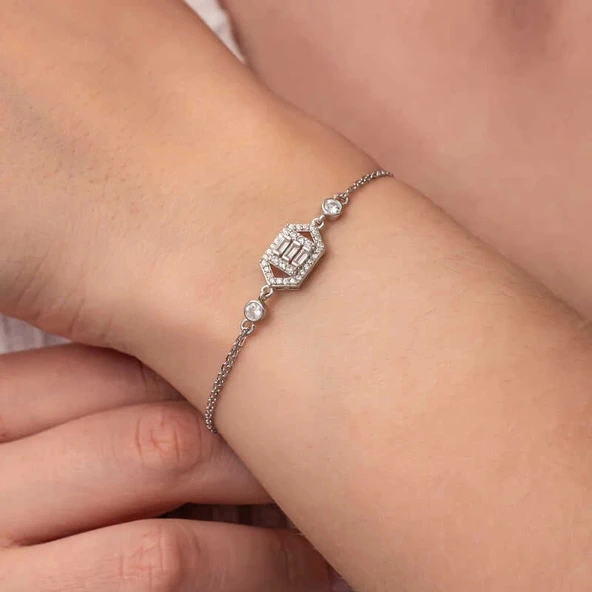 Gümüş Altıgen Baget Taşlı Kadın Bileklik - 6
