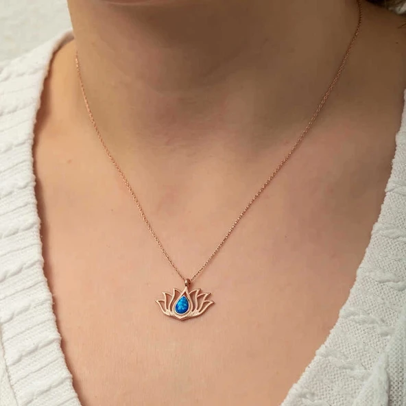 Gümüş Opal Taşlı Rose Lotus Çiçeği Kolye - Resim 4