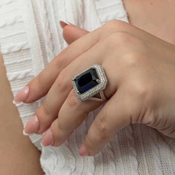 Gümüş Lacivert Zirkon Taşlı Kadın Yüzük - Resim 7