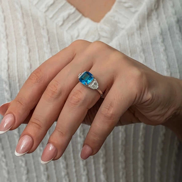 Gümüş Mavi Zirkon Taşlı Kadın Yüzük - 4