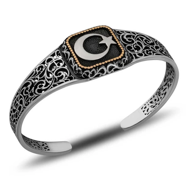 Lucky Life Gümüş Ay Yıldız Ayarlanabilir Kelepçe Erkek Bileklik