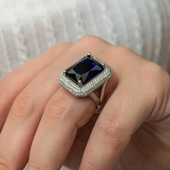 Gümüş Lacivert Zirkon Taşlı Kadın Yüzük - Resim 4