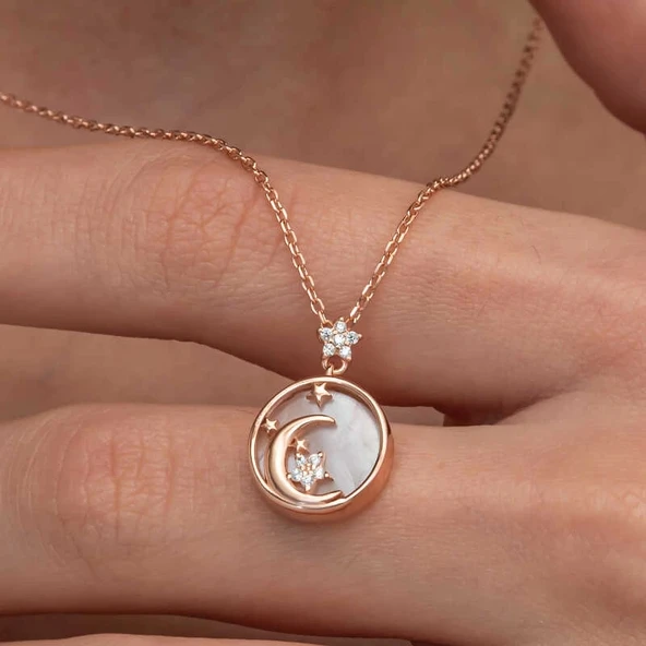 Gümüş Rose Sedef Taşlı Ay Yıldız Hilal Kadın Kolye - 3