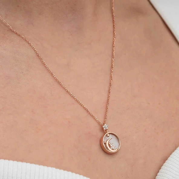 Gümüş Rose Sedef Taşlı Ay Yıldız Hilal Kadın Kolye - 6