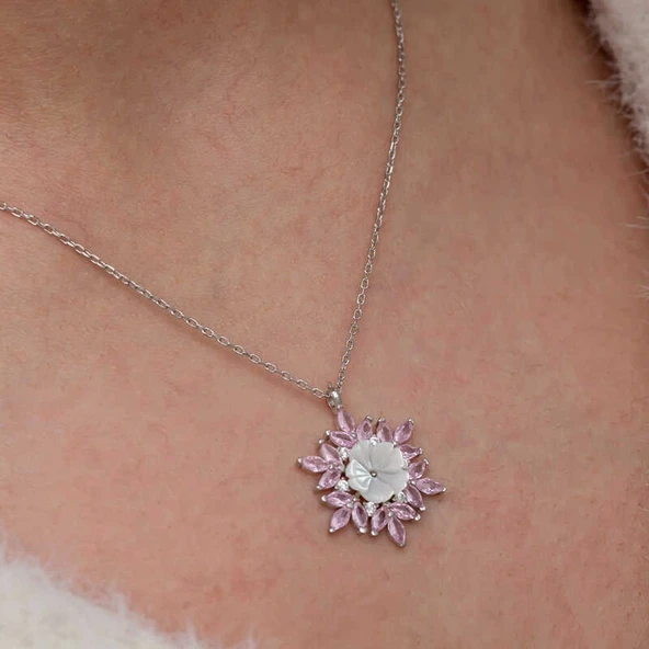 Gümüş Pembe Lotus Desenli Çiçek Kadın Kolye - Resim 6