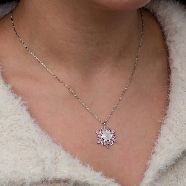 Gümüş Pembe Lotus Desenli Çiçek Kadın Kolye - Resim 5