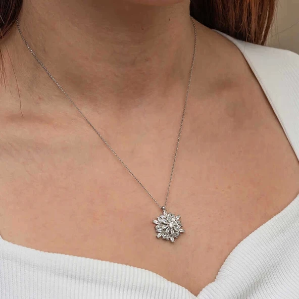 Gümüş Dönen Kar Tanesi Lotus Çiçeği Kolye - Resim 7
