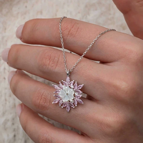 Gümüş Pembe Lotus Desenli Çiçek Kadın Kolye - Resim 2