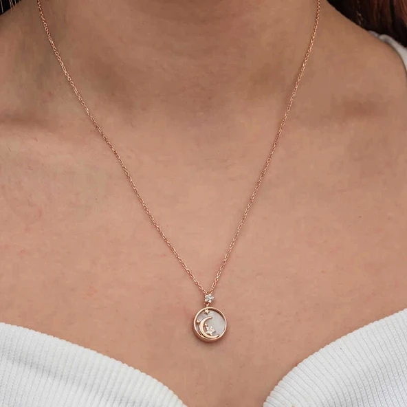 Gümüş Rose Sedef Taşlı Ay Yıldız Hilal Kadın Kolye - 2