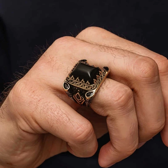 Gümüş Siyah Oniks Taşlı Erkek Yüzük - Resim 2