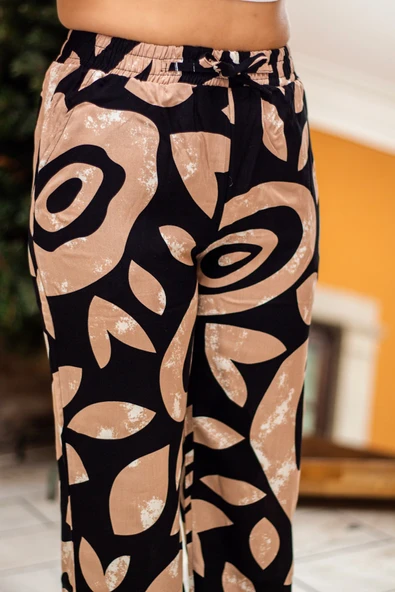 Kadın Krem Yaprak Desen Rahat Dökümlü Bol Paça Dokuma Şalvar 25KSLVH504 - 5