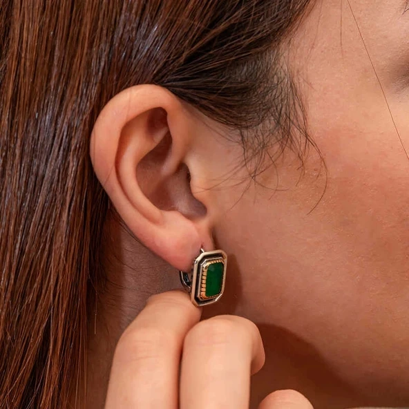 Gümüş Yeşil Taşlı Otantik Kadın Küpe - 5