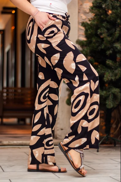 Kadın Krem Yaprak Desen Rahat Dökümlü Bol Paça Dokuma Şalvar 25KSLVH504