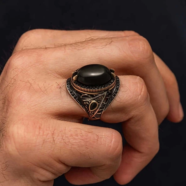 Gümüş Oniks Taşlı Erkek Yüzük - 2