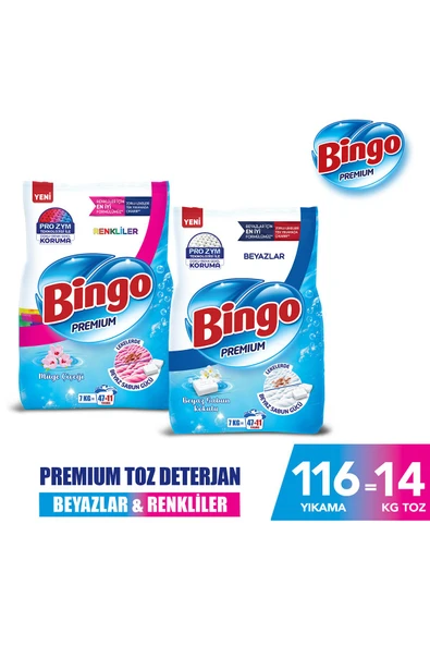 Bingo Premium Toz Çamaşır Deterjanı 7 Kg Renkli + Bingo Premium Toz Çamaşır Deterjanı 7 Kg Beyaz