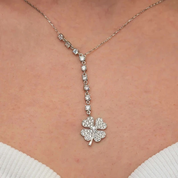 Gümüş Sıralı Zirkon Taşlı Yonca Kadın Kolye - Resim 6