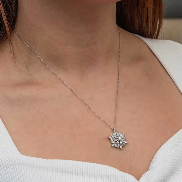 Gümüş Dönen Kar Tanesi Lotus Çiçeği Kolye - Resim 5