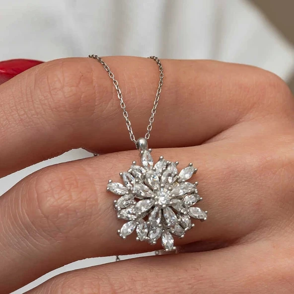 Gümüş Dönen Kar Tanesi Lotus Çiçeği Kolye - Resim 2