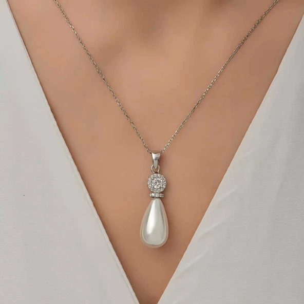 Gümüş Damla İnci Kadın Kolye - Resim 8