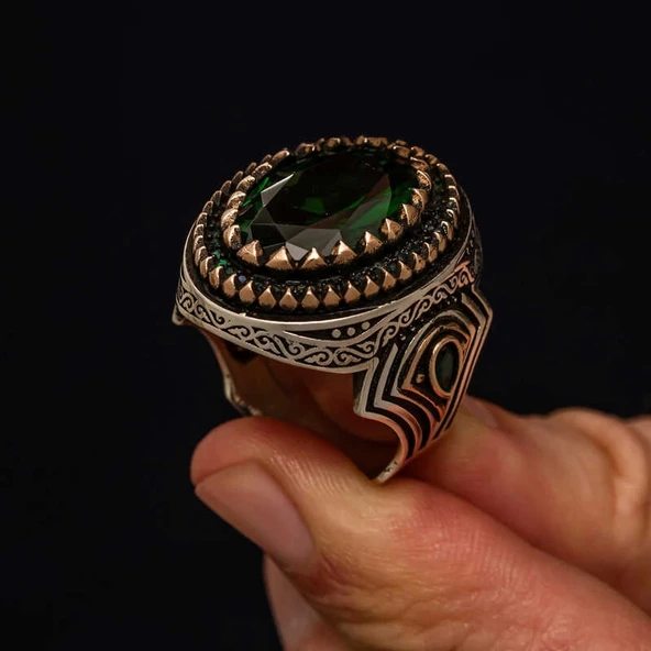 Gümüş Yeşil Zirkon Taşlı Erkek Yüzük ürün görseli