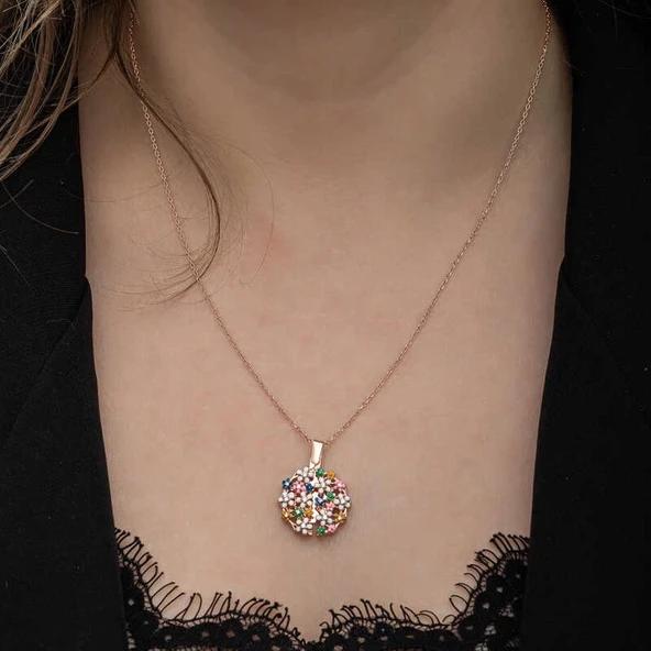 Gümüş Rose Renkli Çiçek Kişiye Özel Kadın Kolye - Resim 8