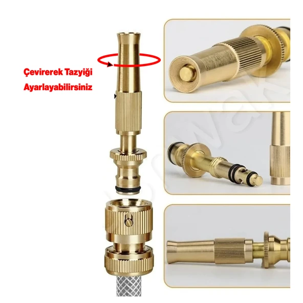 Metal Ayarlanabilir Sulama Başlığı Sarı Renk Hortum Bağlantı Aparatlı Sök Tak Bahçe Araba Yıkama - 7