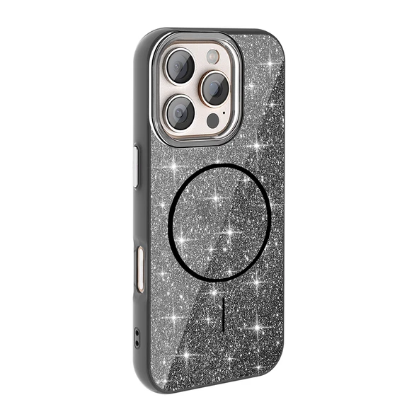 iPhone 16 Pro Max Kılıf Magsafe Şarj Özellikli Parlayan Simli Okso Kılıf - Resim 7