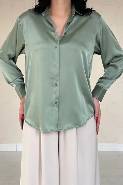 Mint Saten Gömlek - Resim 3