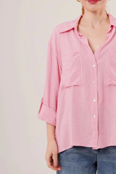 Yarasa Kol Çizgili Cep Detaylı Pembe Gömlek - Resim 3