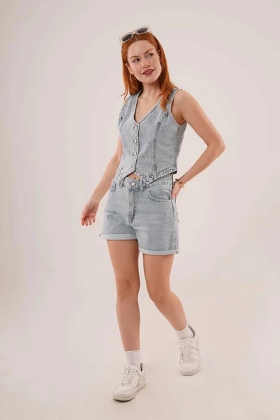 Düğme Ve Ön Dikiş Detaylı Mavi Jean Yelek - 4