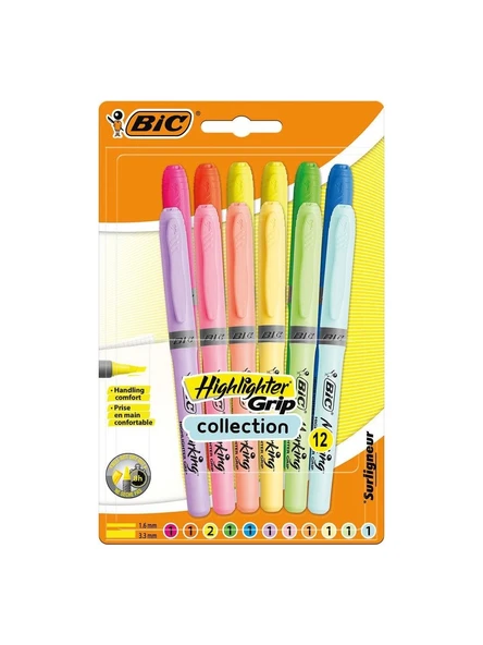 Bic Highlighter Grip 12 Renk Fosforlu Kalem Set Pastel + Canlı Renkler