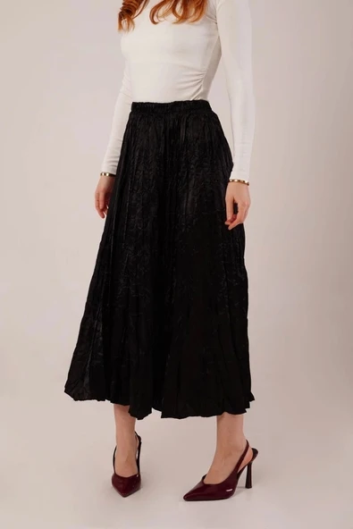 Midi Boy Pileli Saten Siyah Etek - 2